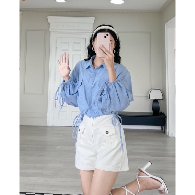Set áo croptop sơmi tay phồng dài bo eo + quần short trắng MYAH HOUSE