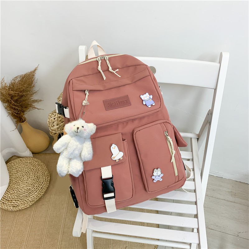 Balo nữ Alice Flower chất liệu vải canvas chống thấm tặng kèm sticker móc khóa gấu bông dễ thương