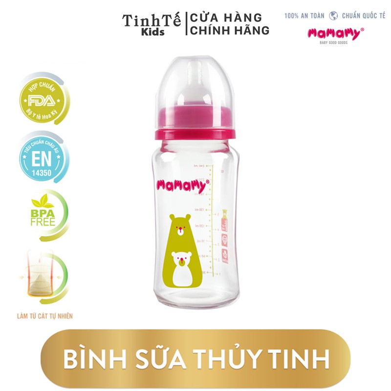 Bình sữa thủy tinh chống sặc và đầy hơi an toàn cho bé Mamamy 240ml