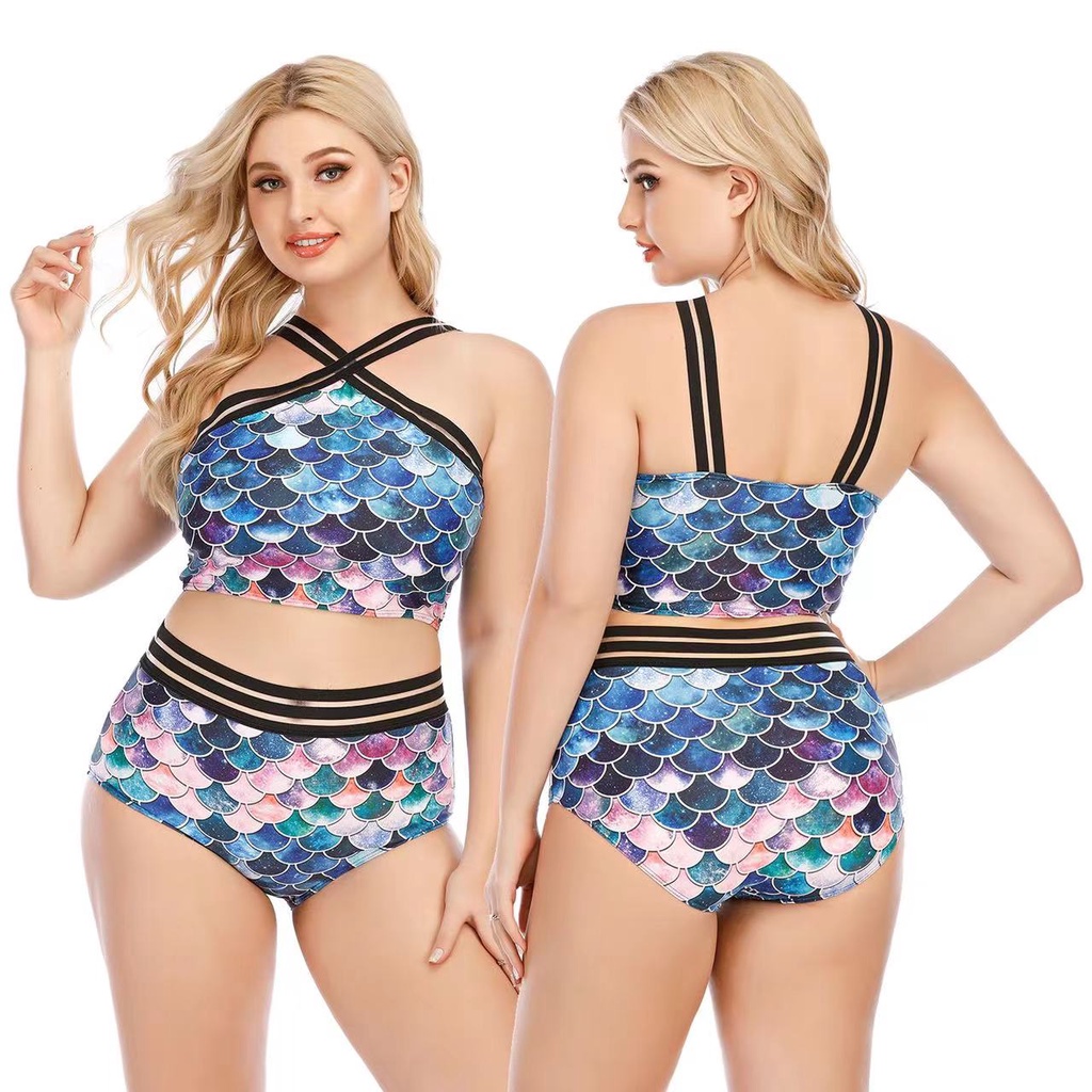 Bộ Bikini Phối Lưới Màu Đen/Tím/Xanh Dương/Hồng Họa Tiết Vảy Cá Cao Cấp Gợi Cảm Cho Nữ
