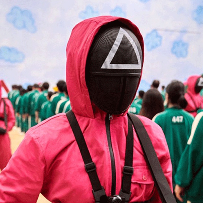 Mực Trò Chơi Tam Giác Vuông Vòng Tròn Cosplay Mặt nạ Nhựa Đỏ Hood Người Mũ Trùm Trang Phục Đạo Cụ