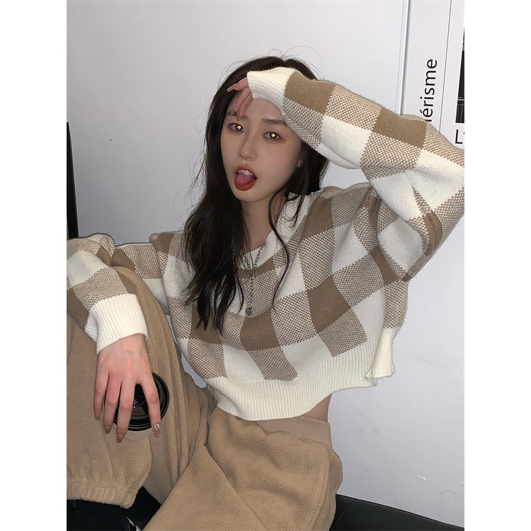 Áo Dệt Kim Cổ Thuyền Ngắn Họa Tiết Kẻ Sọc Màu Tương Phản Thời Trang Hàn Quốc