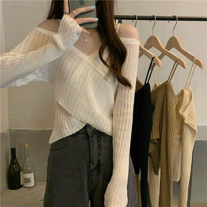 Áo len chéo vạt trễ vai hàng QC