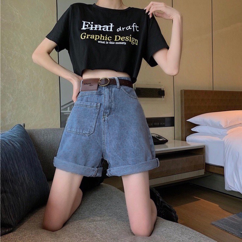 Quần short denim nữ lưng cao phong cách retro Hàn Quốc 9015