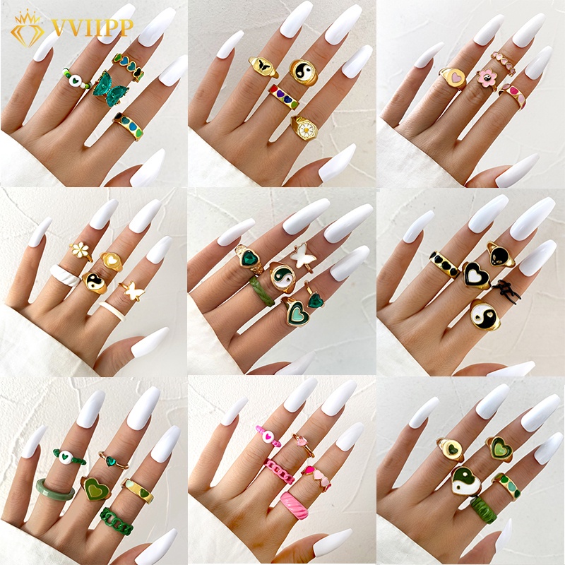 Bộ nhẫn nhúng dầu hình hoa Tai Chi nhiều màu sắc cho nữ