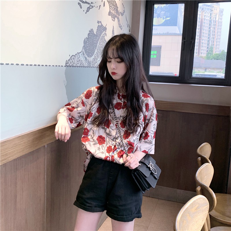 Áo sơ mi chiffon from rộng unisex in hoa hồng phong cách retro Hàn Quốc | BigBuy360 - bigbuy360.vn