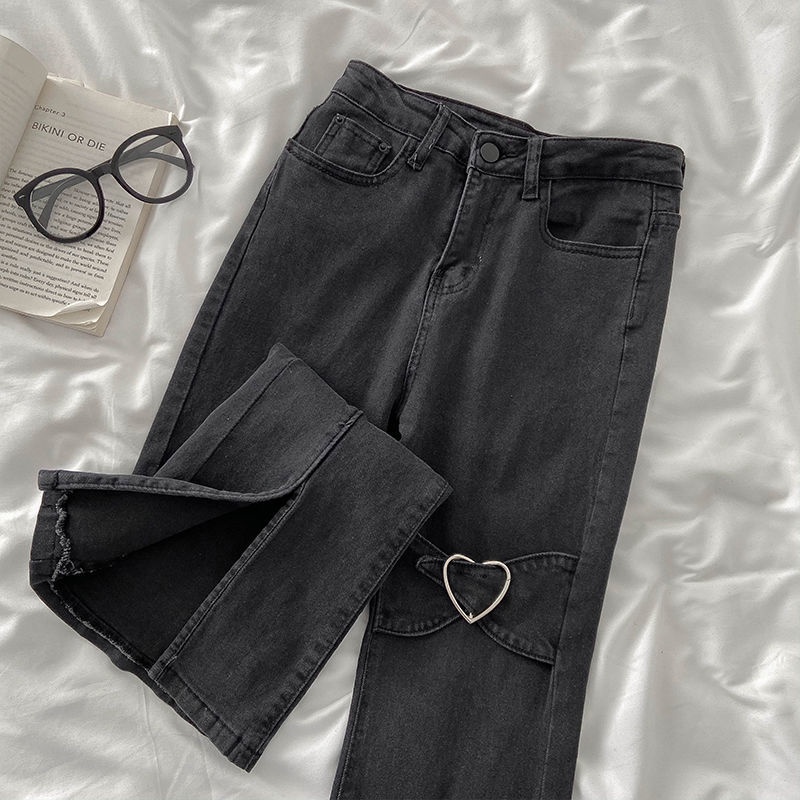 Jiashucheng Quần Jean Lưng Cao Ống Loe Xẻ Tà Thời Trang Đường Phố Cho Nữ