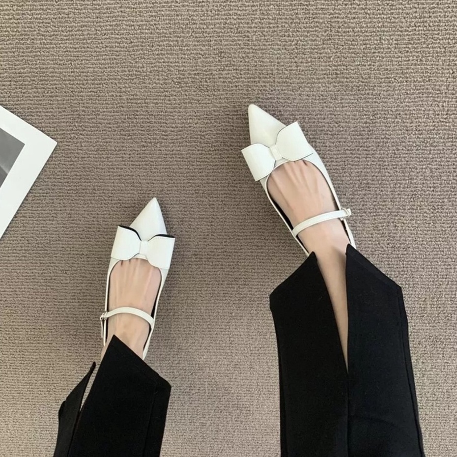 Giày sandal mũi nhọn nơ xinh 1 quai sang chảnh phong cách bánh bèo