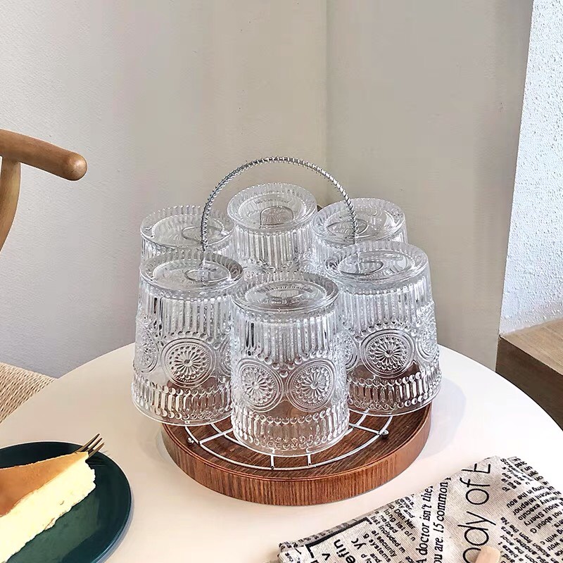 Cốc thuỷ tinh khắc hình hoa hướng dương vintage dùng uống nước trà cafe decor trang trí ly thuỷ tinh giá rẻ MinHome CTT5