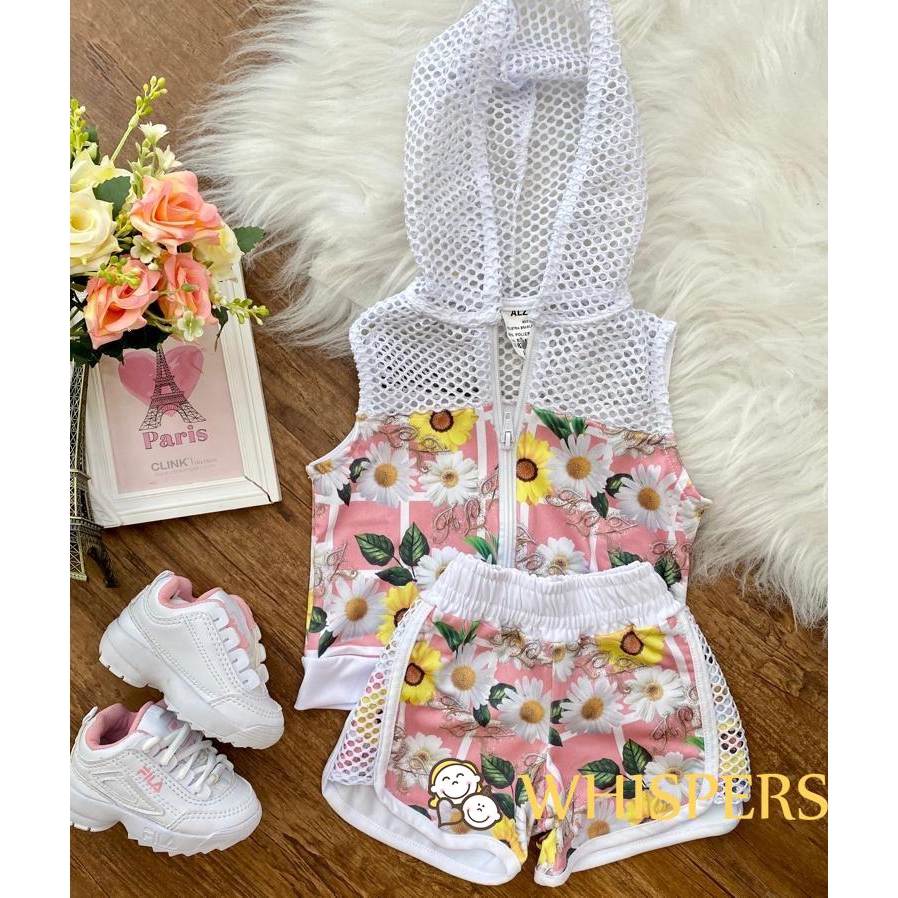 Set Áo Hoodie Không Tay + Quần Short Hoa Hướng Dương Cho Bé Gái