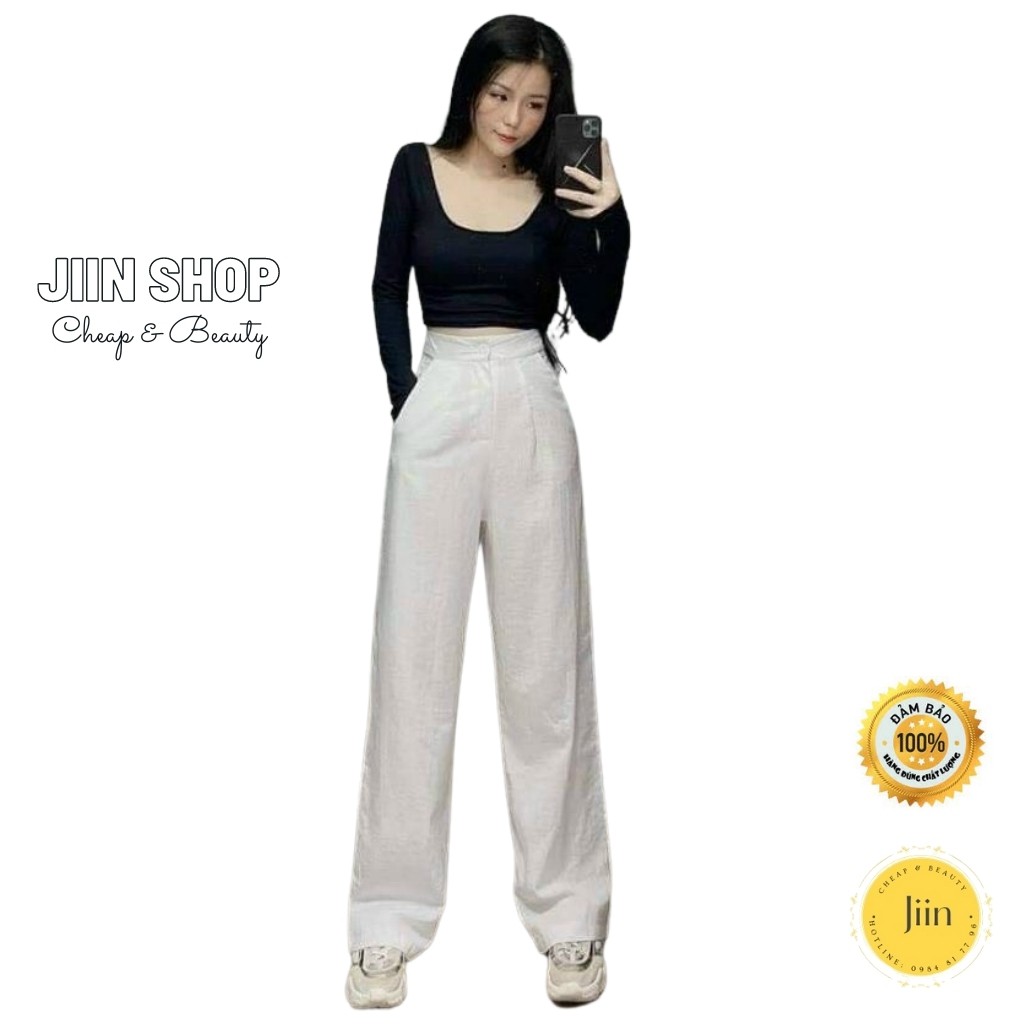 Quần đũi ống rộng nữ lưng cao khóa thật lưng chun, Ống dài 100cm lên dáng suông đứng cực xinh by Jiin shop