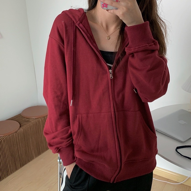 Áo hoác hoodie zip trơn  chất thun cotton sieu đẹp đỏ đô