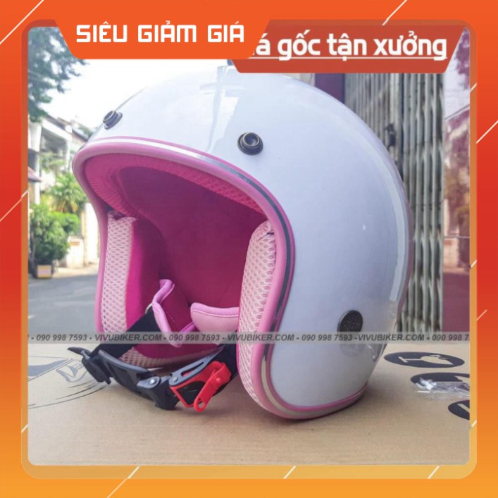 KHO SG- Nón bảo hiểm 3/4 màu trắng lót hồng gắn tai mèo, Mũ bảo hiểm 3/4 tai thỏ trắng lót hồng chính hãng