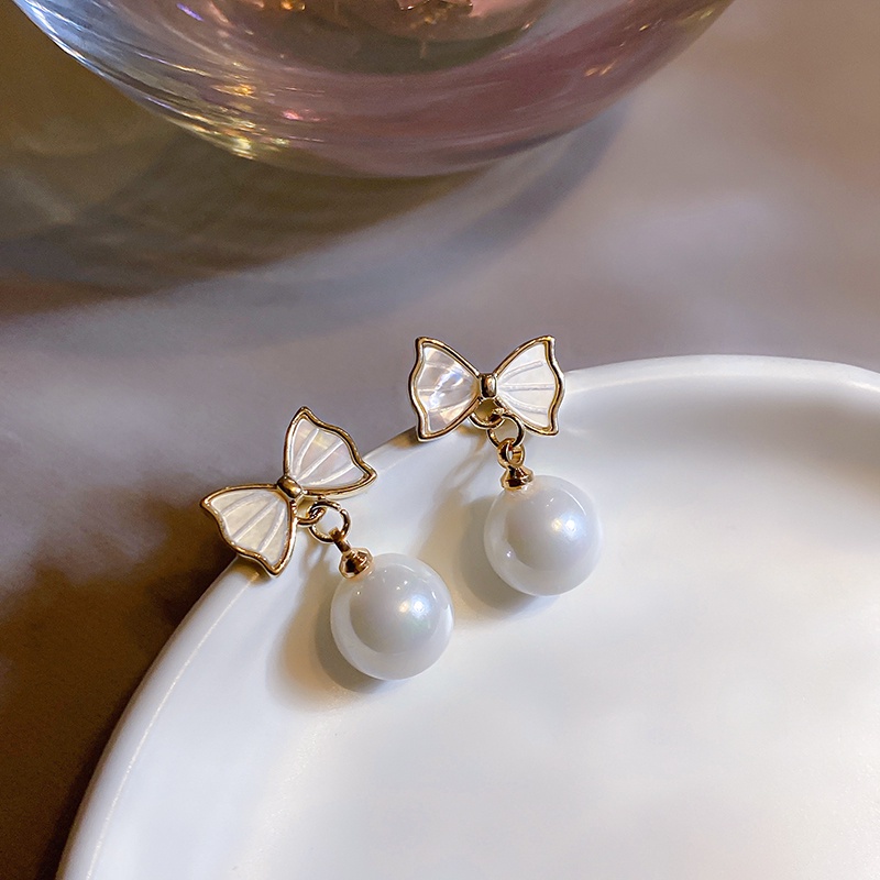 Bông Tai Hình Nơ Đính Ngọc Trai Dễ Thương Phong Cách Hàn Quốc