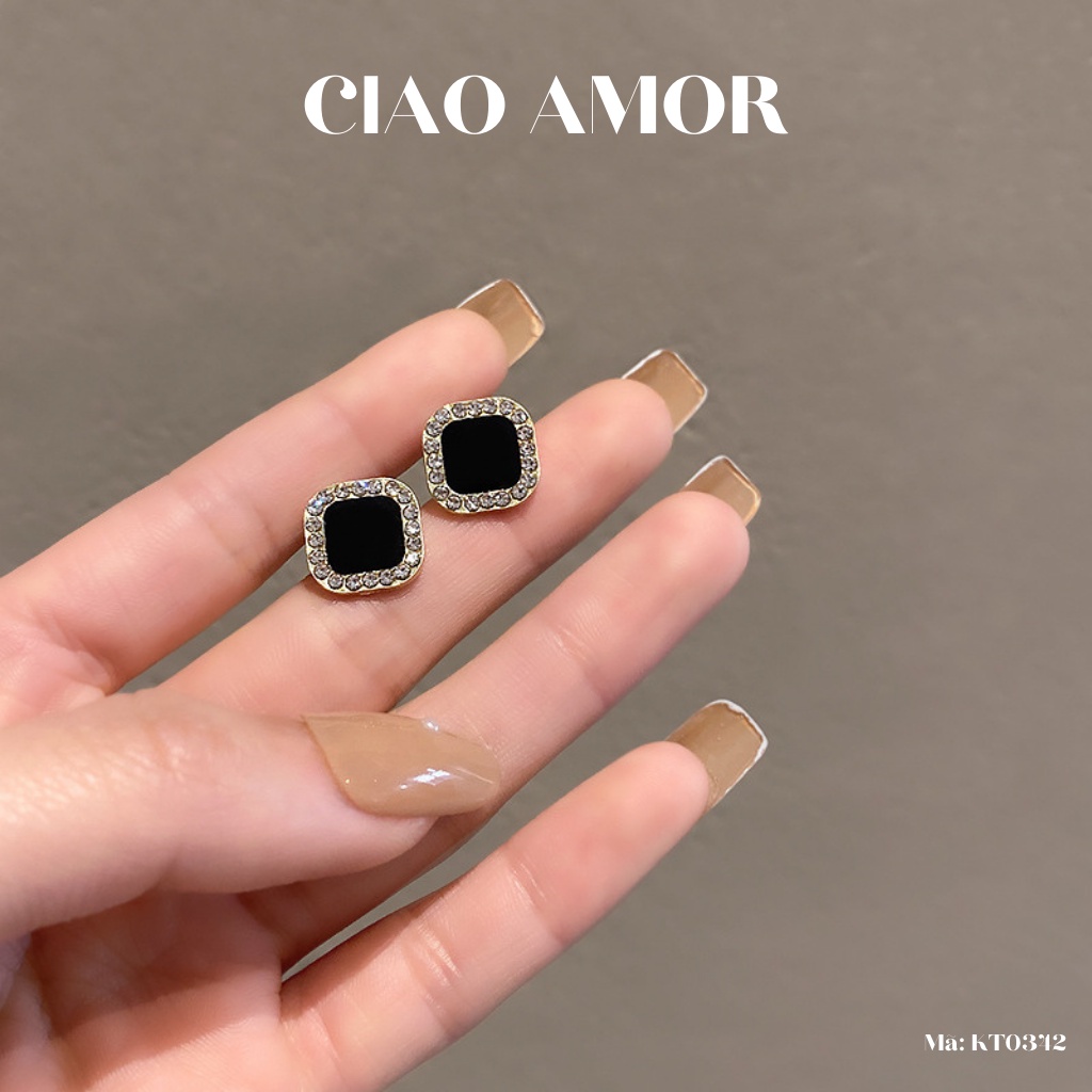 Khuyên tai nữ, Bông tai nữ nụ bạc 925 vuông bo vòng đen đính đá viền Trang sức Ciao Amor - KT0342