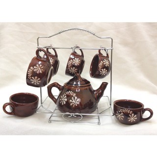 Bộ ấm chén sứ cofee cao cấp - bộ ấm chén khắc cây dừa kèm giá treo inox