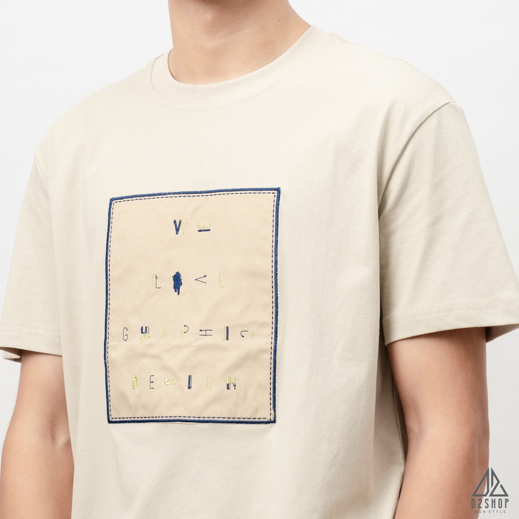 Áo thun D2shop, áo thun cổ tròn đắp vải ngực GRAPHIC, đắp vải , màu kem
