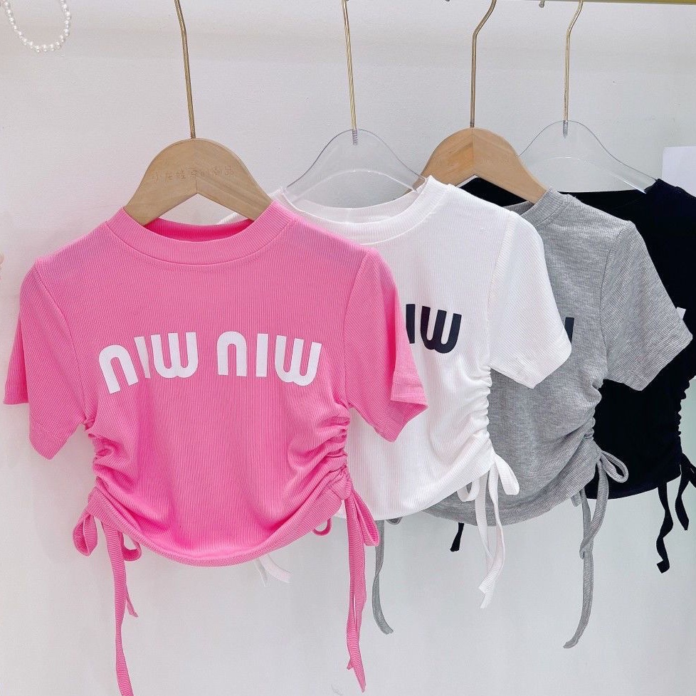 Áo Thun Cotton Cổ Tròn Tay Ngắn Phối Dây Rút Phong Cách Hàn Quốc Thời Trang Mùa Hè Cho Bé Gái