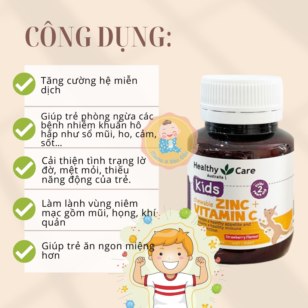 Viên nhai VITAMIN C & KẼM HEALTHY KIDS CHEWABLE vị dâu thơm ngon, hộp 60 viên