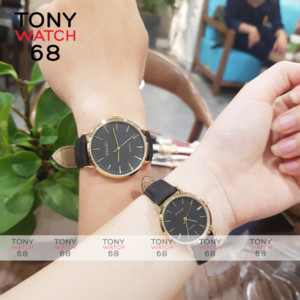 Đồng hồ nam Halei dây da nâu mặt số vạch chính hãng Tony Watch 68