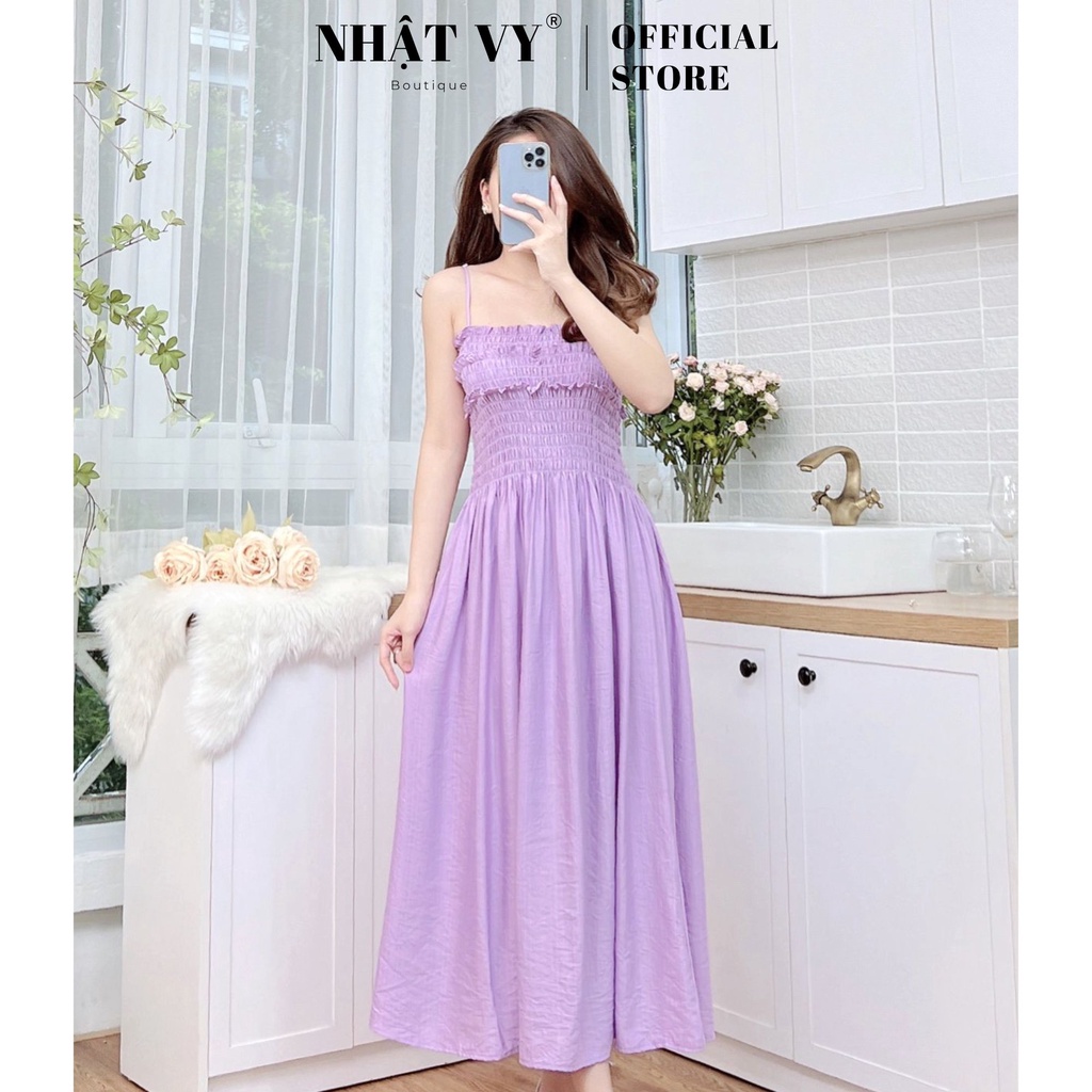 Đầm ôm 2 dây đi biển Nhật Vy nhún ngực dáng dài chất lụa xước phù hợp dạo phố, công sở, cafe nhẹ nhàng - D2514