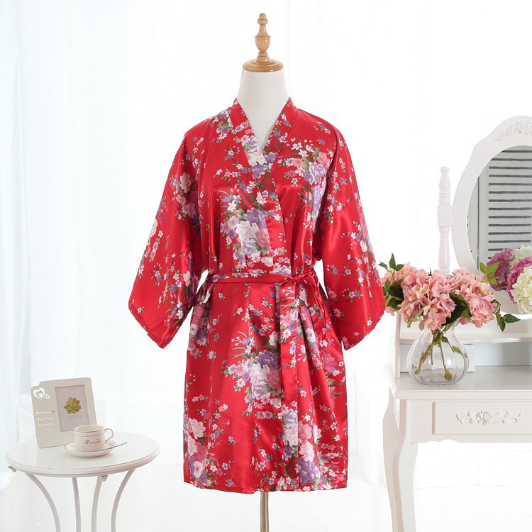 Áo Choàng Tắm Kimono Vải Satin In Hoa Dành Cho Nữ