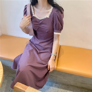 (ORDER-sẵn Đen S) Váy/đầm cổ vuông nhún ngực xòe dài nhẹ nhàng tiểu thư màu tím/xanh/đen style vintage