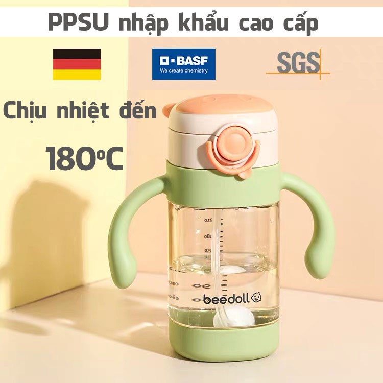 Bình tập uống cho bé từ 6 tháng tuổi Beedoll 320ml, chất liệu PPSU cao cấp, tặng dây đeo