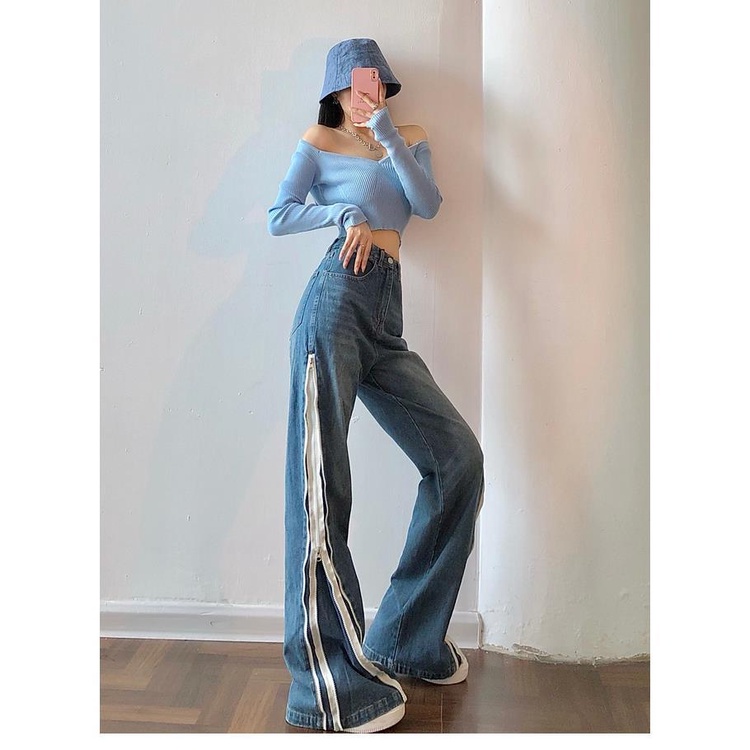 Quần jean ống rộng hai lớp khóa kéo bên hông phong cách đường phố thời trang cho nữ