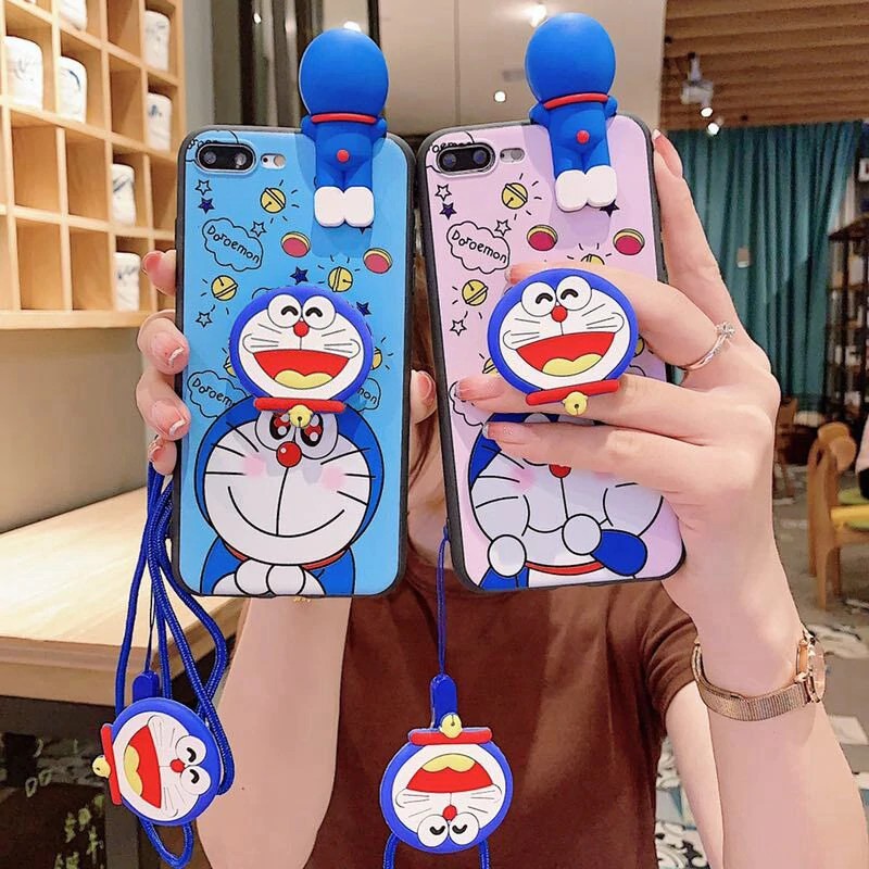 Ốp điện thoại mềm họa tiết Doraemon dễ thương có giá đỡ + dây đeo cho OPPO A79 A83 F11 A9 R9 Plus R9S R11