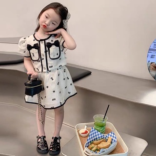  Xả 59k  - Đồ bộ bé gái Set đũi hoa nhí Áo sơmi tay bồng túi nơ và chân váy chữ A  có Quần trong  cute cho bé 7-18 kg 