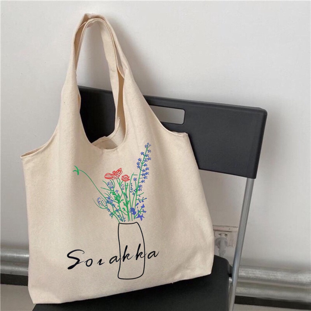 Túi tote Hazin túi vải canvas nữ hoạ tiết bình hoa đựng vừa laptop cỡ lớn đeo vai phong cách ulzzang