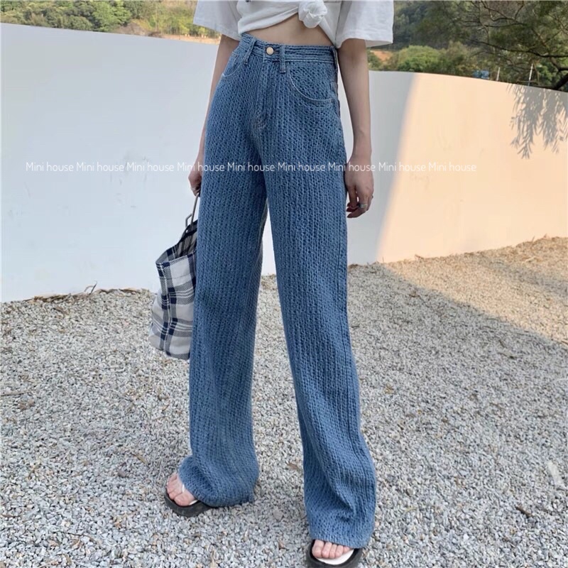 Quần jean dệt vintage nữ cạp cao màu xanh