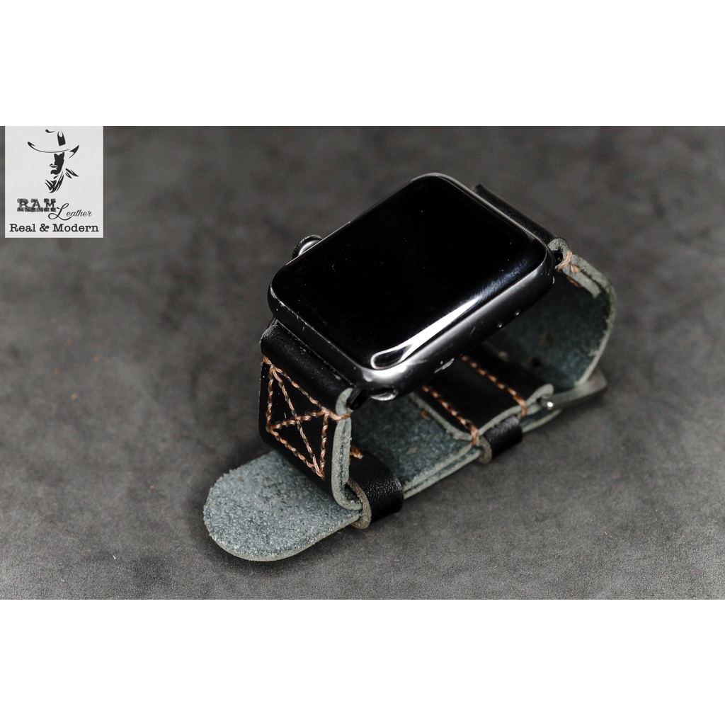 Dây apple watch da bò đen handmade bền chắc cực đẹp kiểu phi công RAM Leather simple X Pilot - tặng khóa chốt và adapter