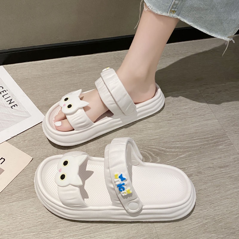 Dép sandal nữ, dép quai hậu nữ đế cao 4cm gắn sticker mặt mèo dễ thương