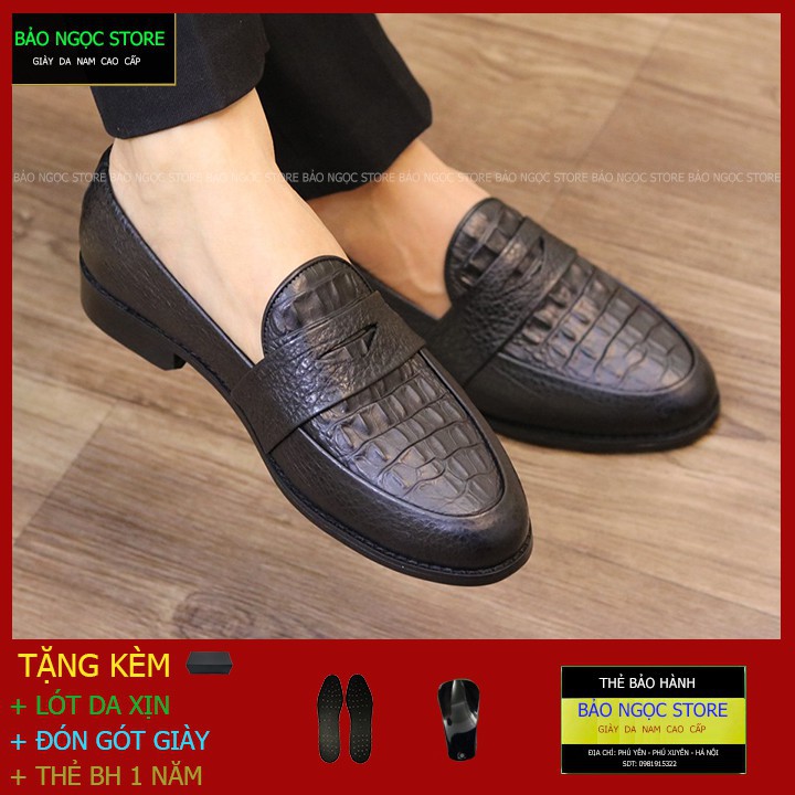 {ĐẾ KHÂU CỰC BỀN} Giày Lười Nam Dập Vân Cá Sấu Băng Đục - Da Bò Nguyên Tấm 100% - Đế Cao Su Đúc - Hàng Xuất Dư - Mã K11