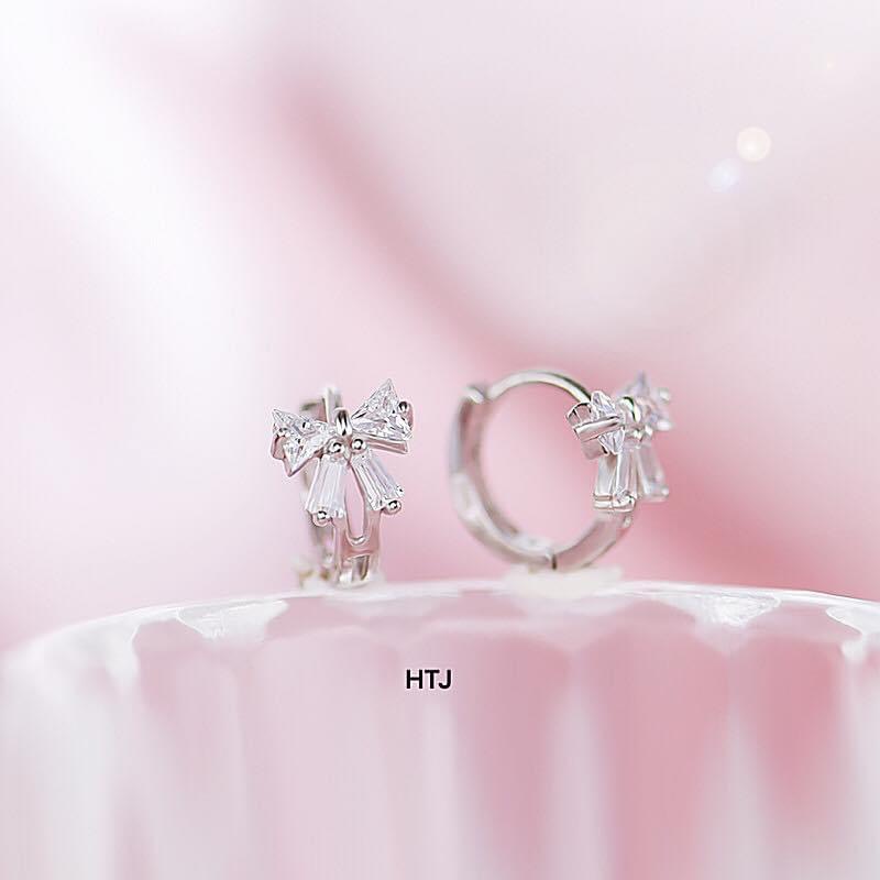 Bông tai nữ bạc thật hình nơ đính đá chốt bấm cực xinh LINH MIU SILVER