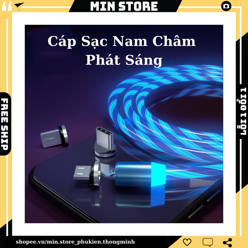 Cáp Sạc Nam Châm , Dây Đèn Led Phát Sáng Siêu Đẹp,  Iphone | Android | Type - C, 1 Mét, Bảo Hành 3 Tháng, Min STORE