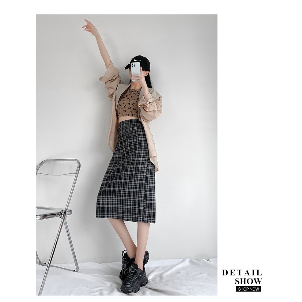 Chân váy dài kẻ ulzzang xẻ tà, chân váy midi lưng cao hoạ tiết sọc caro sogeum.store | BigBuy360 - bigbuy360.vn