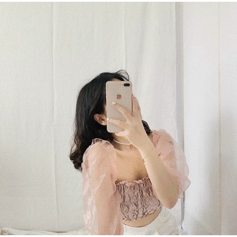 Áo ống nhúm màu phi lụa trễ vai tay đứt crt ôm dáng chất voan kiếng sang chảnh