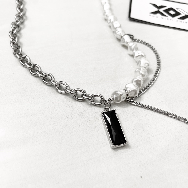 Dây Chuyền Xích Phối Hạt Ngọc Bằng Thép Titan Không Gỉ Mặt Hình Chữ Nhật Đá Đen - Vòng Cổ Unisex Phong Cách Quyến Rũ
