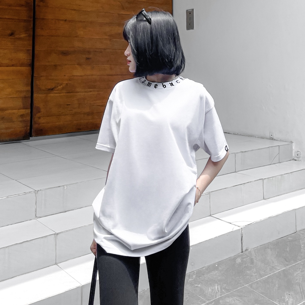 Áo Thun Trắng Trơn Viền Cổ Thêu Chữ Comeback Màu Đen Chất Liệu 100% Cotton Form Rộng Thoải Mái Unisex