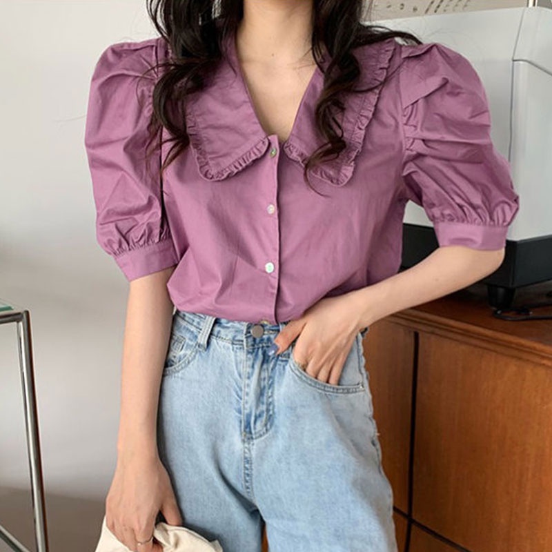 Áo sơ mi XINLANYASHE chiffon tay ngắn kiểu phồng cho nữ