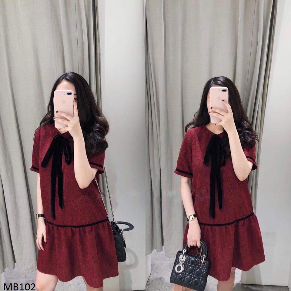 Đầm bầu công sở Váy bầu dạ đỏ nơ cổ đen MYC 102