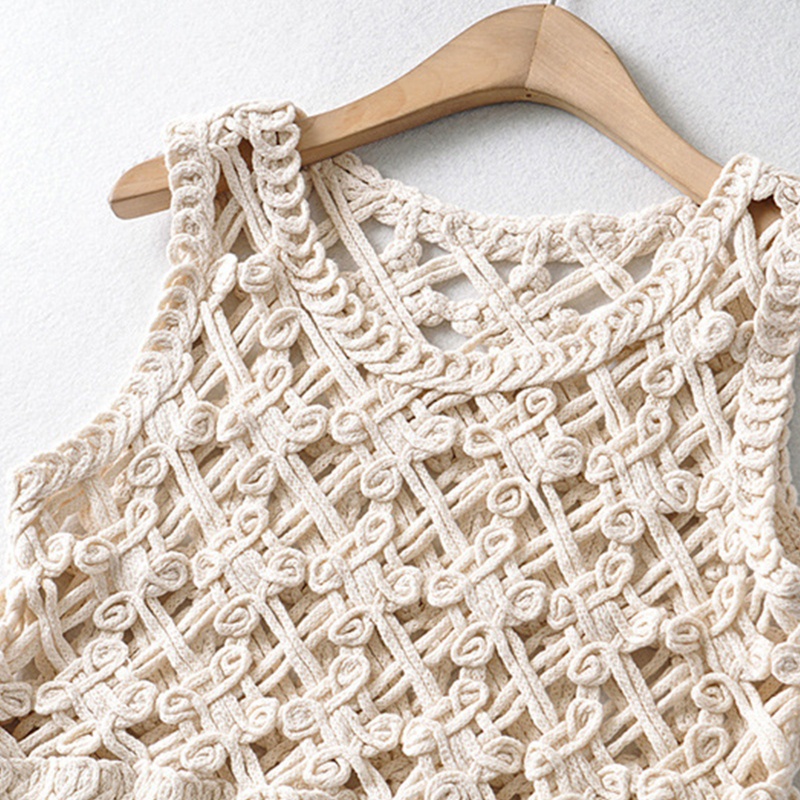 Brroa Áo Crop Top Dệt Kim Không Tay Khoét Rỗng Họa Tiết Hoa Kim Cương Phong Cách Vintage Đi Biển Cho Nữ Co
