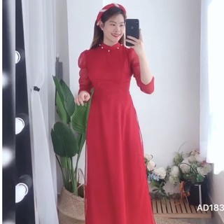 Áo dài vai nữ hoàng ⚡ FREESHIP ⚡ Áo cách dáng cách tân lửng qua bắp chân, Vải xước tơ đỏ ĐẸP