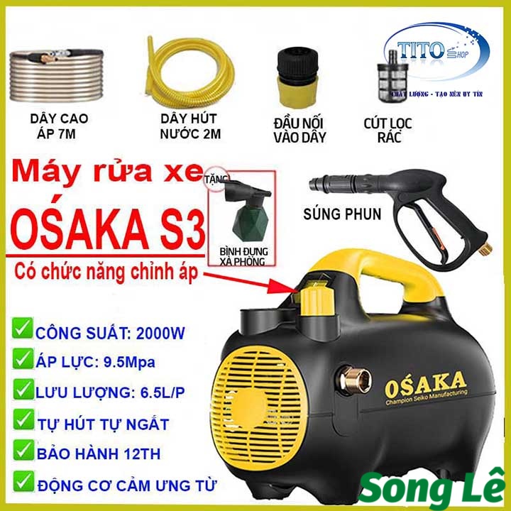 MẪU 2022 Máy xịt rửa xe Osaka S3 - 2000W -Tặng bình bọt tuyết - Bảo hành 12 tháng - có chỉnh áp