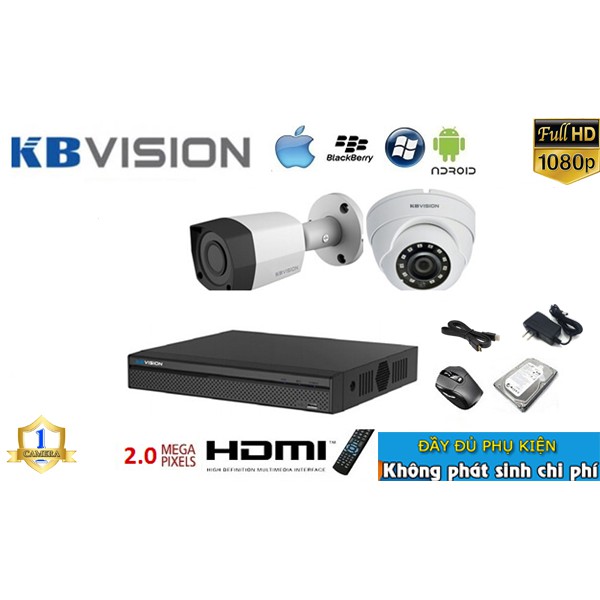 Trọn bộ 2 camera KBVISION Full HD 1080p kèm HDD 500G - Đầy đủ phụ kiện