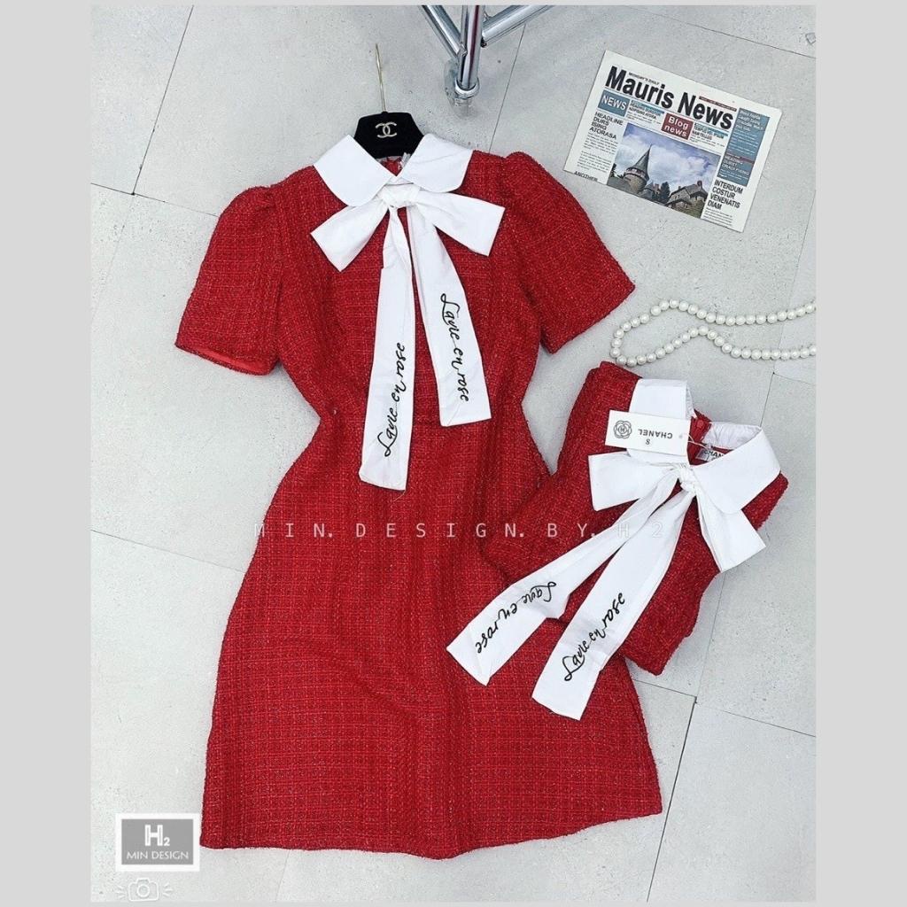Váy nữ dạ đỏ thiết kế chữ A Đầm đỏ nơ cổ trẻ trung xinh xắn HN Clothing V39