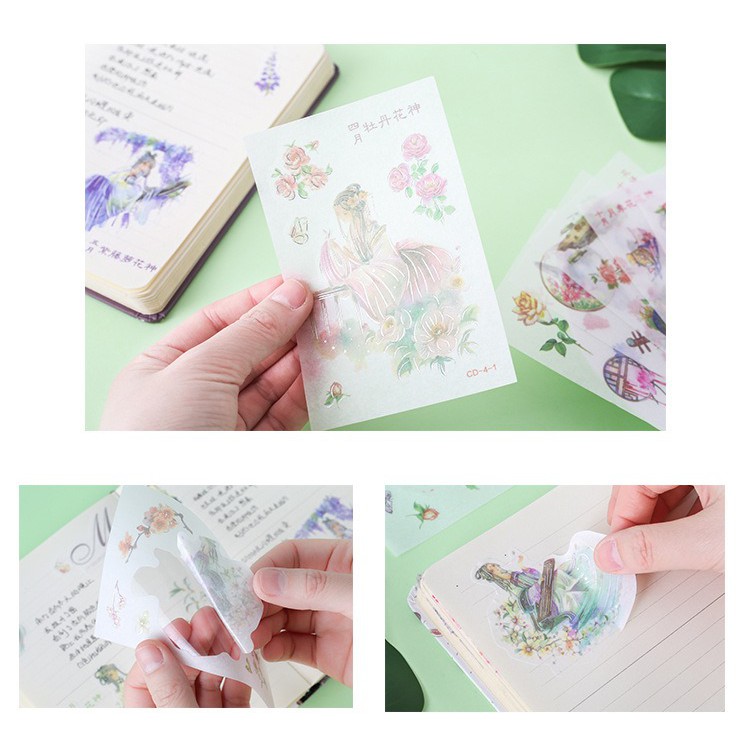 Enjoymore ✨ Set 4 Tấm Washi Sticker Cổ Trang Trung Hoa Xinh Xắn Hình Dán Trang Trí Sổ tay Scrapbook, Bullet journal